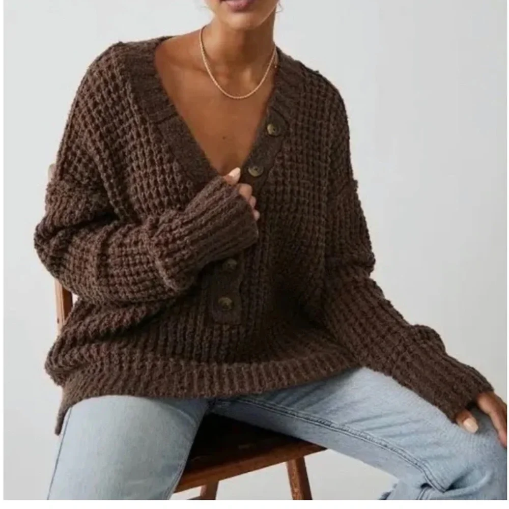 NWT Free People Whistle Thermal Henely Top Brownstone Combo 🐻 - Picture 2 of 6